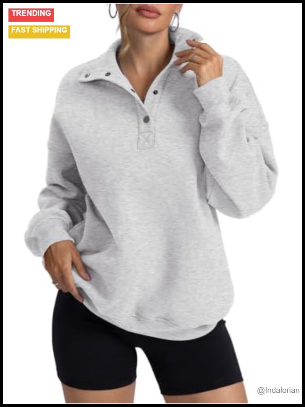 Oversized Fleece Henley Neck Button Pullover Sweatshirt Side Pockets Cozy